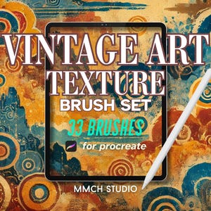 May include: A digital art product advertisement featuring a tablet with the words "VINTAGE ART TEXTURE BRUSH SET" and "33 BRUSHES for procreate." A white stylus is positioned on the right. The background has a colorful, abstract design.