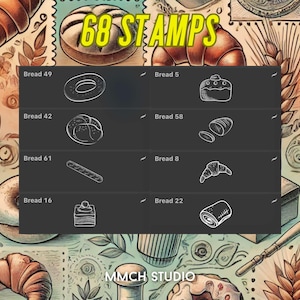 Cartoon Bread Procreate Stamp Set – 68 Unique Bakery-Inspired Stamps for Digital Art