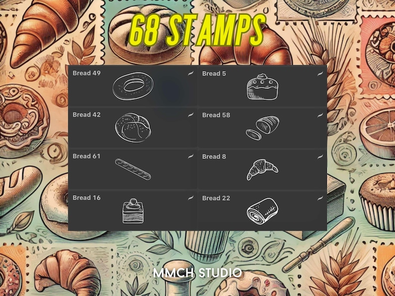 Cartoon Bread Procreate Stamp Set – 68 Unique Bakery-Inspired Stamps for Digital Art