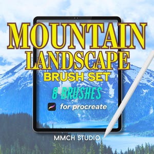 Pode incluir: Uma ilustração digital de uma paisagem montanhosa com um céu azul e nuvens brancas. A imagem é exibida na tela de um tablet com uma caneta branca ao lado. O texto "Mountain Landscape Brush Set 8 Brushes for Procreate MMCH STUDIO" é exibido na tela.