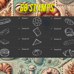 Cartoon Bread Procreate Stamp Set – 68 Unique Bakery-Inspired Stamps for Digital Art