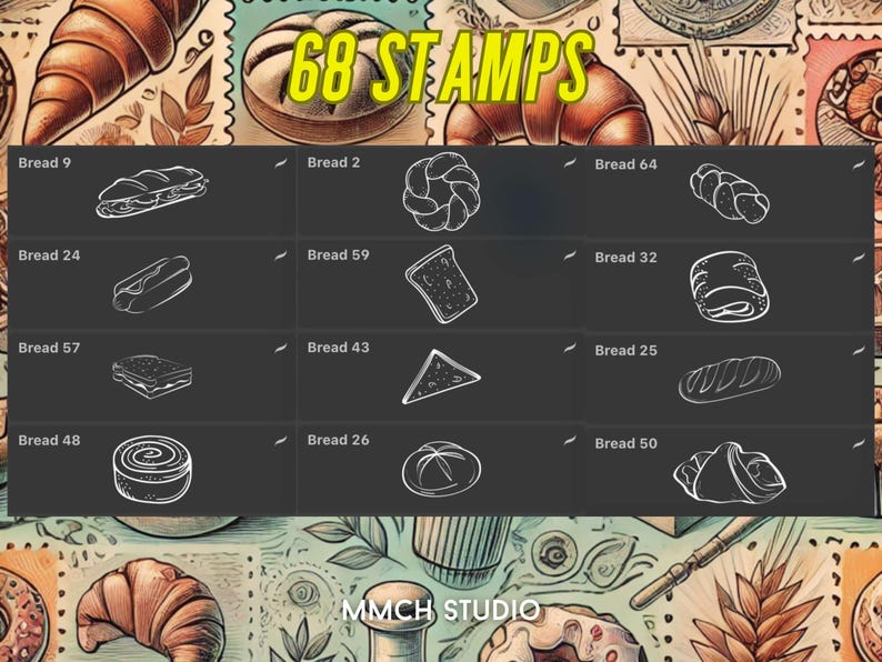 Cartoon Bread Procreate Stamp Set – 68 Unique Bakery-Inspired Stamps for Digital Art