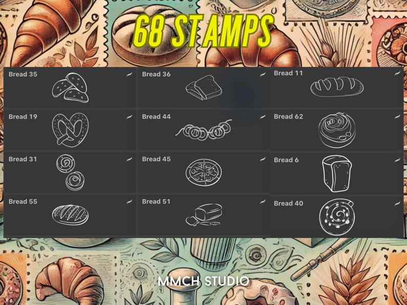 Cartoon Bread Procreate Stamp Set – 68 Unique Bakery-Inspired Stamps for Digital Art