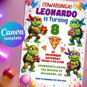 Convite para festa de aniversário das Tartarugas Ninja – Modelo Canva editável para uma festa divertida das Tartarugas Ninja. Cartão de convite digital ou para impressão!
