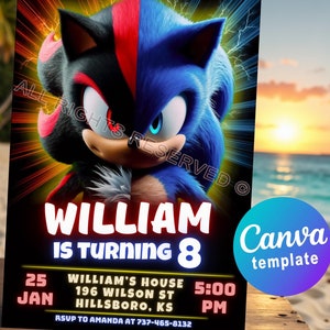 Cartão de Convite de Aniversário do Sonic 3. Convite Shadow. Modelo Editável do Canva. Convite Digital para Festa. Celebração do Sonic Shadow the Hedgehog.
