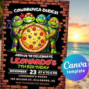 Ninja Turtles Cowabunga Geburtstagseinladung - Bearbeitbare Canva-Vorlage für Ninjas Turtle Party. Digitale oder druckbare Einladungskarte