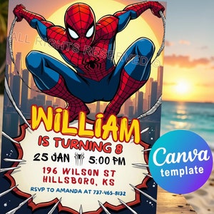 スパイダーマン招待状 – 英雄的なお祝いのための編集可能なCanvaテンプレート。スパイダーマンの誕生日パーティー招待状デジタルまたは印刷可能なカード