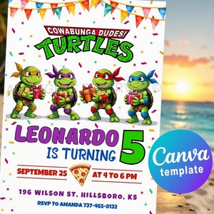 Ninja Turtles Cowabunga uitnodiging verjaardagsfeestje – bewerkbare canvassjabloon voor Ninjas Turtle Party. Digitale of afdrukbare uitnodigingskaart
