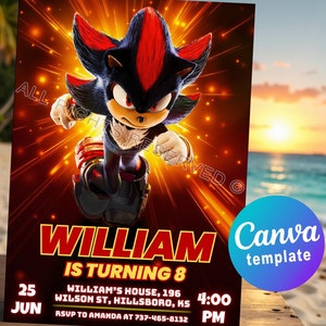 Shadow Invitation. Sonic 3 Invitation Birthday Card. Modello modificabile digitale Canva. Invito per feste. Celebrazione di Sonic the Hedgehog.