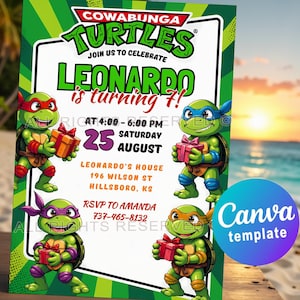 Convite de Aniversário das Tartarugas Ninja – Modelo Canva Editável para uma Festa Divertida das Tartarugas Ninja. Cartão de Convite das Tartarugas Digital ou Imprimível!