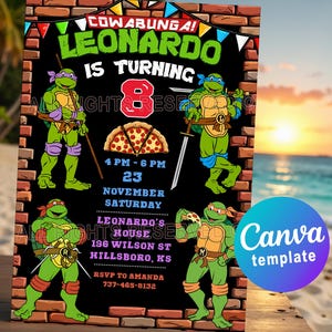 Ninja Turtles-Geburtstagseinladung - Bearbeitbare Canva-Vorlage für eine Pizza- und Ninjas Turtle-Party. Digitale oder druckbare Einladungskarte