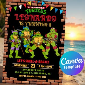 Invitación de cumpleaños de las Tortugas Ninja: plantilla de Canva fácil de editar para una fiesta de pizza y Tortugas Ninja. Tarjeta de invitación digital o imprimible
