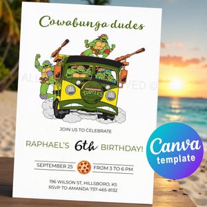 Verjaardagsuitnodiging Ninja Turtles: bewerkbare canvassjabloon voor Ninja Turtle-feest. Digitale of afdrukbare Cowabunga-uitnodigingskaart