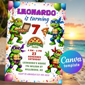 Invitation Tortues Ninja, Anniversaire Pizza Party – Modèle de toile modifiable. Carte d'invitation numérique ou imprimable Tortue Ninja