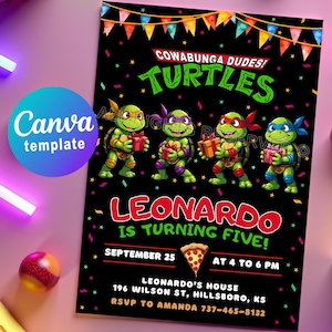 Ninja Turtles Cowabunga Geburtstagseinladung - Bearbeitbare Canva-Vorlage für Ninjas Turtle Pizza Party. Digitale oder druckbare Einladungskarte