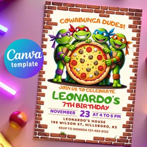 Invitación para fiesta de cumpleaños de las Tortugas Ninja: plantilla editable de Canva para una divertida fiesta de pizza de las Tortugas Ninja. ¡Tarjeta de invitación digital o imprimible!
