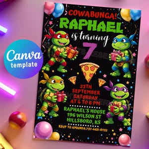Convite de Aniversário das Tartarugas Ninja – Modelo Canva Editável para uma Festa Divertida das Tartarugas Ninja. Cartão de Convite para Festa de Pizza Digital ou Imprimível