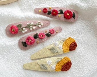 Girasol bordado pelo pin rosa flor bordado clips de pelo accesorios para el cabello hecho a mano floral bordado clips de pelo regalo para ella