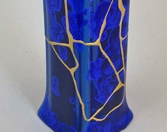 SOLD**** 23.5K Gold Kintsugi Cobalt Blue Crystalline Vase
