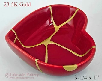 23.5K Gold ceramic red Kintsugi heart dish