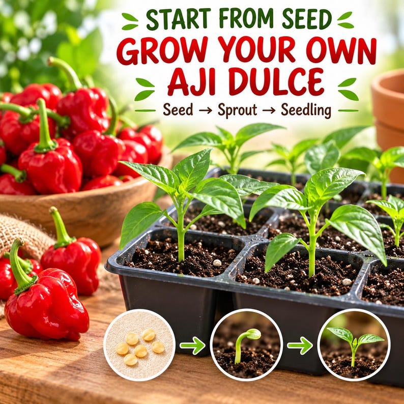 Healthy young Aji Dulce pepper seedlings growing in seed-starting cells under bright warm growing conditions