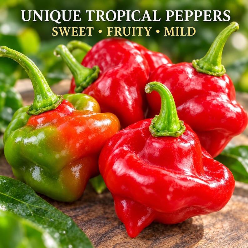 Close-up of Aji Dulce Cachucha peppers showing wrinkled lantern-like shape, glossy skin and ripening colors from green to orange and red