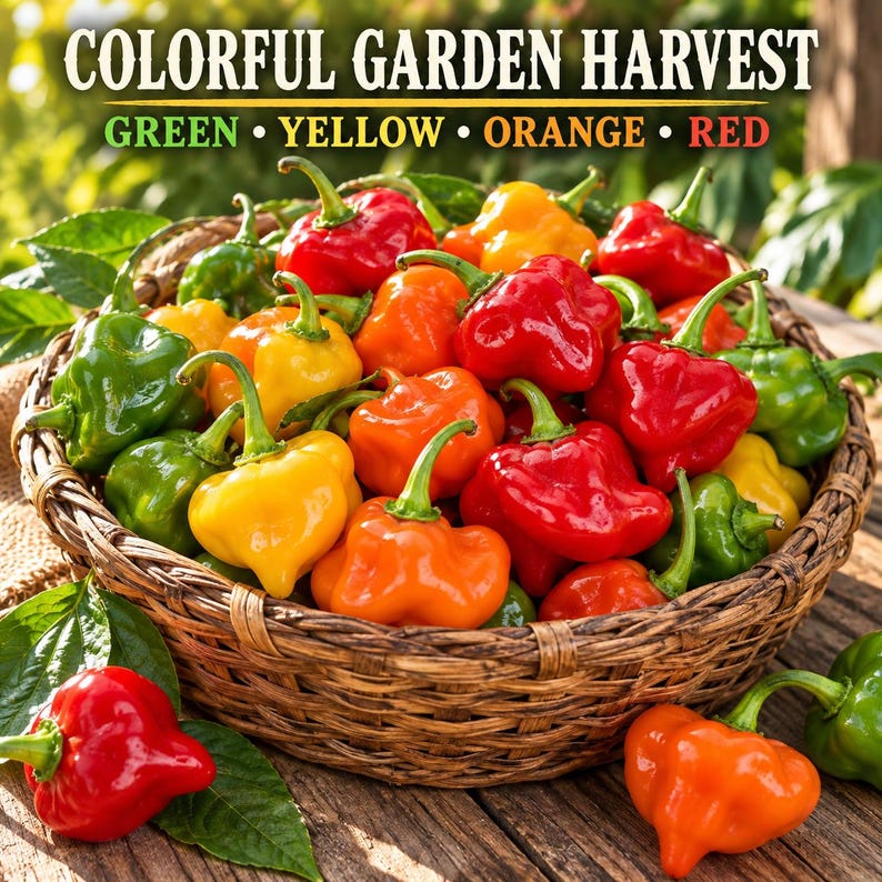 Freshly harvested Aji Dulce Cachucha peppers arranged in a rustic basket showing red orange yellow and green fruits