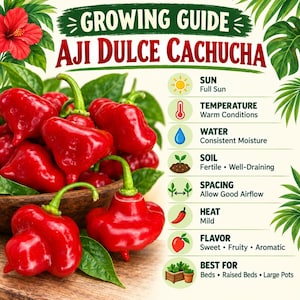 Aji Dulce Cachucha growing guide showing full sun, warm temperatures, fertile soil, consistent moisture and transplanting information