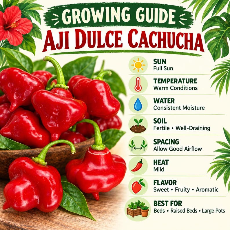 Aji Dulce Cachucha growing guide showing full sun, warm temperatures, fertile soil, consistent moisture and transplanting information