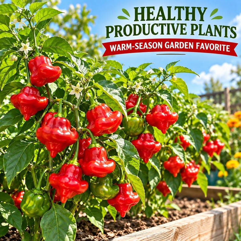 Healthy Aji Dulce pepper plants producing multiple fruits on lush green plants in a bright sunny vegetable garden