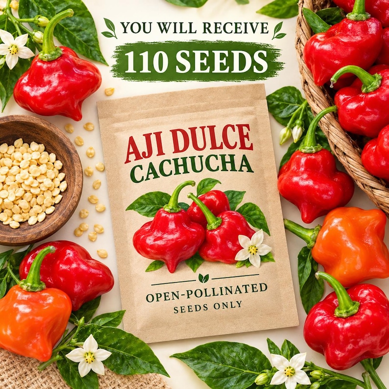 Product image showing buyer receives 110 Aji Dulce Cachucha Pepper Seeds with seed packet, visible seeds, colorful fruits and Open Pollinated text
