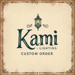May include: A vintage-inspired logo for Kami Lighting, featuring a stylized lantern with a flame and the text "Kami Lighting Custom Order".