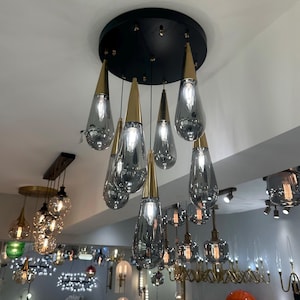 Raindrop Glass Chandelier, Modern Cluster Pendant Light, Smoked Glass Ceiling Light, Luxury Staircase Lighting, Multi Pendant Lighting