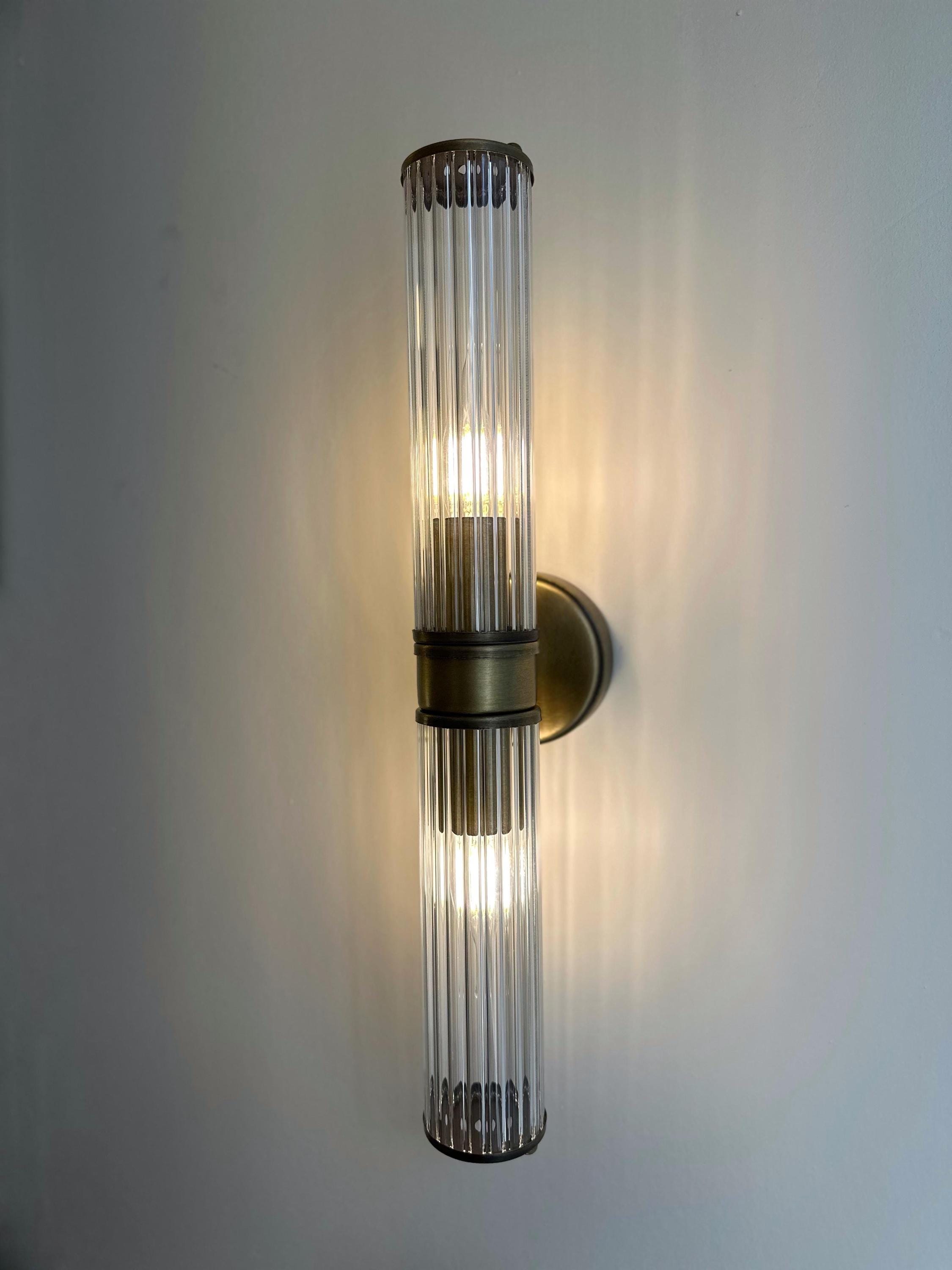 Rh Ribbed Light Hand Blown Ribbed Glass Wall Sconce, Tall Vertical Double Light, Mid ...