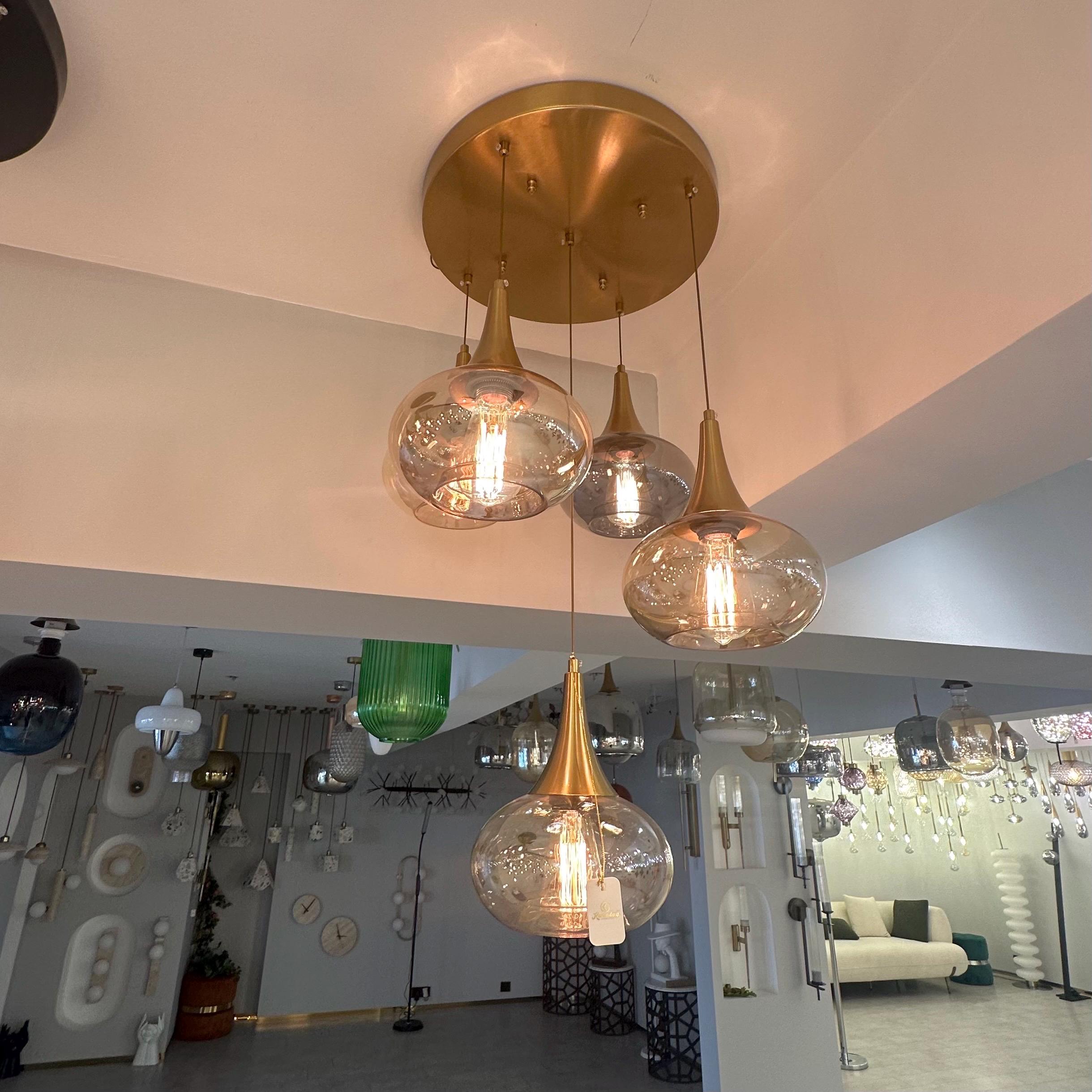 Hand Blown Glass Pendant Light, Modern Brass Hanging Lamp, Smoke