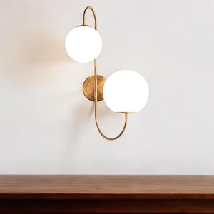 Modern Double Milk Globe Wall Lamp, Plug In Wall Sconce, ambient lighting, vanity wall sconce, brass wall sconce, milk glass sconce