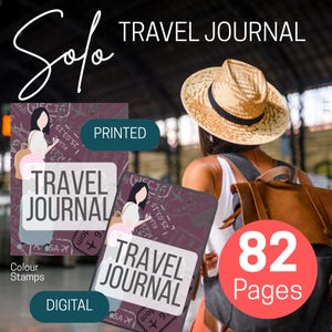 May include: A travel journal with the text "TRAVEL JOURNAL" and "82 Pages". The journal has a burgundy cover with travel-themed stamps and illustrations. The image also includes the words "Printed" and "Digital".