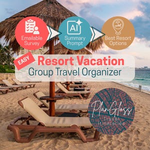 May include: A beach scene with lounge chairs under a thatched umbrella. Text reads "Resort Vacation Group Travel Organizer" with icons for survey, AI prompt, and resort options. The logo for "Plan Gloss Travel Itineraries" is also visible.
