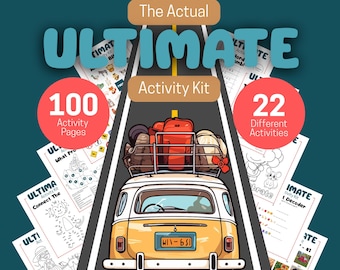 May include: An illustration of a yellow and white vintage van with luggage on top, driving on a road. The text reads "The Actual ULTIMATE Activity Kit" with circles indicating "100 Activity Pages" and "22 Different Activities". Activity pages are visible.