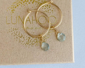 Moss aquamarine gold hoop earrings, Aquamarine earrings with 14k gold filled hoops, March birthstone, Birthday gifts for her.