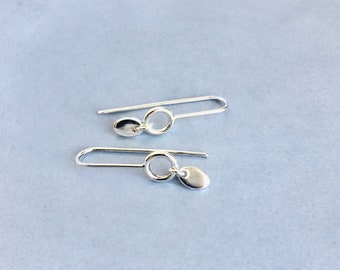 Silver threader earrings, dangle circle earrings with a drop charm in sterling silver.