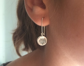 Silver lotus earrings, Yoga gifts, Om earrings, Lotus flower dangle earrings, meditation jewelry, spiritual earrings, gift for her