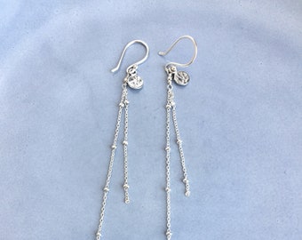 Silver long chain earrings, Circle charm earrings, Geometric large sterling  silver dangle chain earrings, Gift for her women