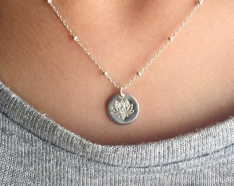 Lotus necklace in sterling silver, Yoga gifts for her, Lotus charm with beaded or simple sterling silver chain