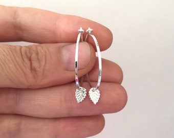 Silver leaf charm hoop earrings, Autumn leaf earrings, Sterling silver small hoop earrings with charm, Gift for her