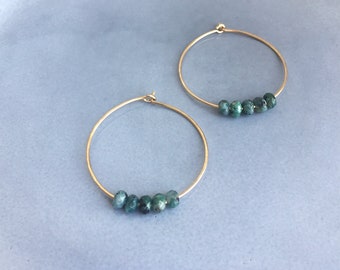Gold filled hoop earrings with green turquoise quartz beads, Medium hoops, 14K gold filled hoop earrings or Sterling silver hoop earrings