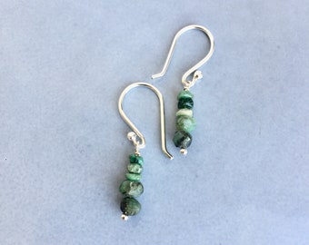 Raw emerald earrings, May birthstone, Emerald gemstone green dangle earrings, Jewelry gift for her, Sterling silver earrings.