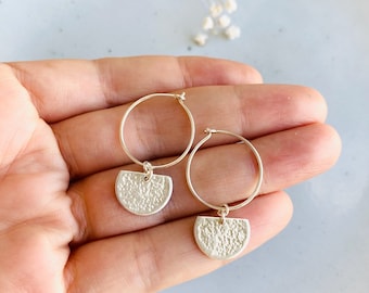 Sterling silver semicircle hoop earrings, Half circle earrings, Geometric jewelry, Half moon silver earrings hammered texture