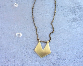 Long chain gold necklace vintage inspired with a pentagon handmade brass charm, gift ideas for women