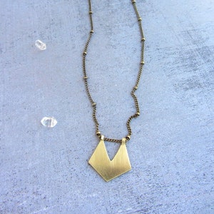 Long chain gold necklace vintage inspired with a pentagon handmade brass charm, gift ideas for women image 1